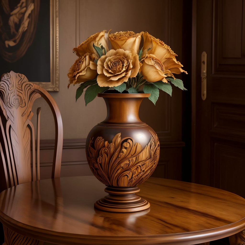 00690-1442725156-a (woodcarvingcd, shiny_1.2) vase, flower inserted into the vase,  (solo_1.2), , no humans, high quality, masterpiece, realistic.png